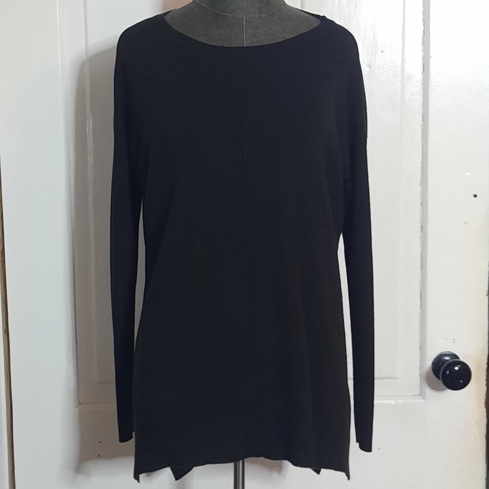 A.N.A Black Tunic Sweater Long Sleeve Assymetrical Hem Soft Flowy Women Med, EUC